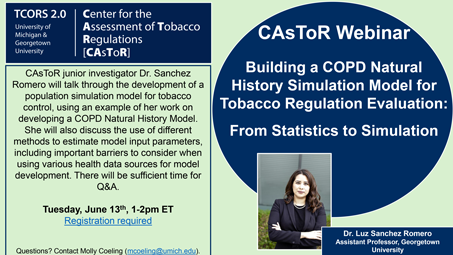 Flyer for CAsToR Webinar: Building a COPD Natural
History Simulation Model for
Tobacco Regulation Evaluation:
From Statistics to Simulation
