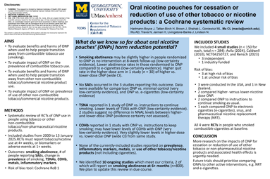Thumbnail for Oral nicotine pouches for cessation or
reduction of use of other tobacco or nicotine
products: a Cochrane systematic review poster