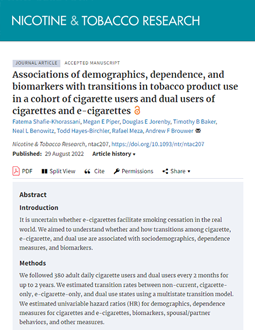 Associations of demographics, dependence, and biomarkers with transitions in tobacco product use in a cohort of cigarette users and dual users of cigarettes and e-cigarettes