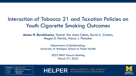 Thumbnail for Interaction of Tobacco 21 and Taxation Policies on Youth Cigarette Smoking Outcomes poster